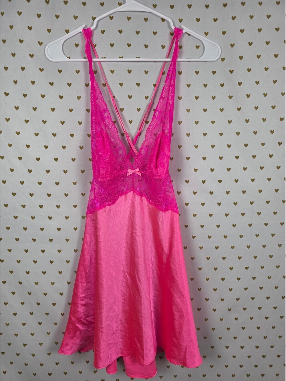 Victorias Secret Hot Pink Satin Slip Dress NIghtie Lingerie Lace Medium